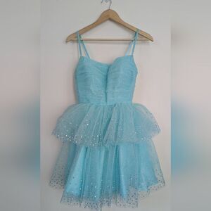 Ashley Lauren Sparkly Blue Tiered Tulle Mini Prom Dress Size 8